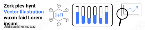 DeFi network nodes, bar graph, and magnified rising trend chart. Ideal for finance, blockchain, cryptocurrency, data analytics, fintech innovation, market research simple landing page