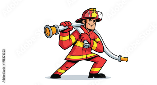 A cartoon firefighter wearing a red uniform and helmet holds a fire hose on a white background.