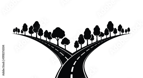 A diverging roadway with silhouetted trees on rolling hills