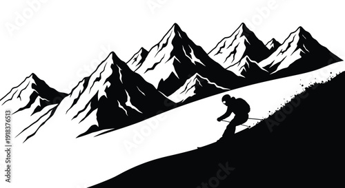 A lone hiker ascends a steep mountain trail in a black and white illustration