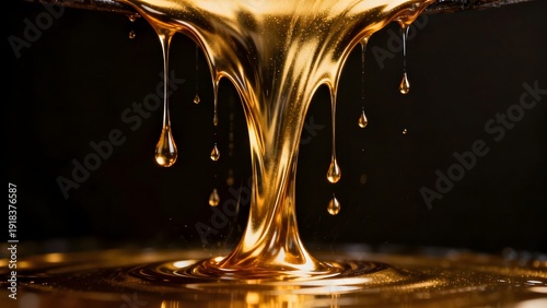 Golden viscous liquid dripping and swirling against a dark background