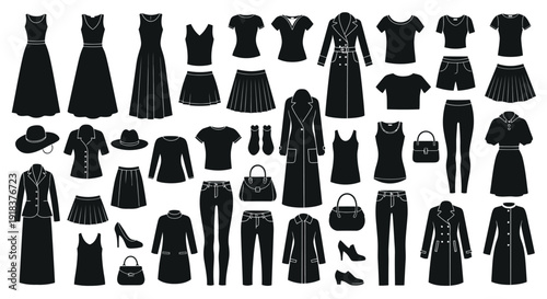 Collection of black silhouette clothing items and fashion accessories