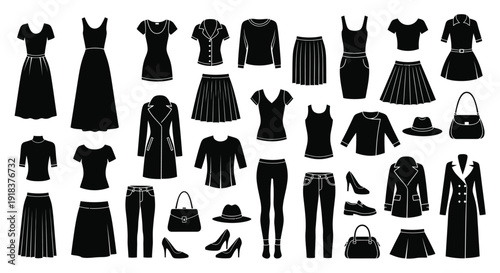 Collection of black clothing items and accessories arranged in rows