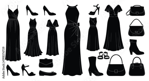 Black silhouette collection of women s fashion items dresses shoes and bags