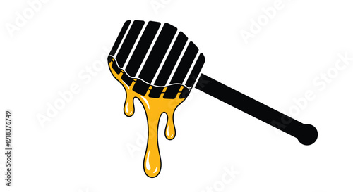 A stylized illustration of a honey dipper dripping with golden honey