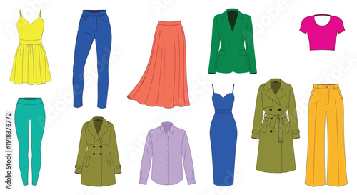 Assorted colorful clothing items displayed in a flat lay arrangement