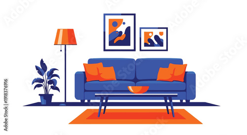 Modern living room interior with a blue sofa artwork and orange accents