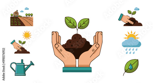 Human Hands Caring for Small Plant and Gardening Equipment Set