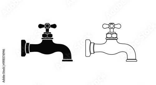 Two water tap illustrations a solid black version and a line drawing