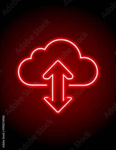 A vibrant neon sign features a cloud symbol with an up and down arrow, set against a dark background. The glow is striking