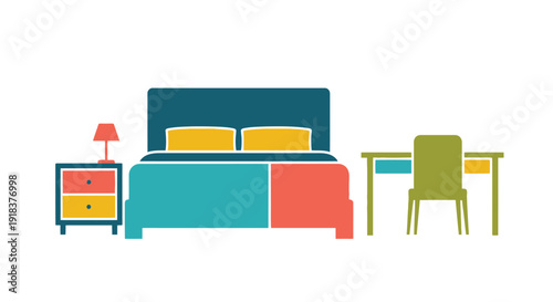 Simplified bedroom illustration featuring a bed nightstand and chair