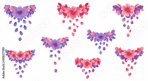 Watercolor floral arrangements with falling petals in pink, red, purple, and blue hues, set on a clean white background.