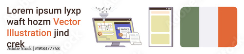 Digital transactions, online invoicing, mobile banking, website design, national identity, technology. Desktop displaying billing software, mobile interface Irish flag. Digital transactions
