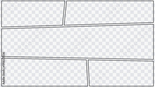 Comic page template with rectangular panels arranged in dynamic composition. Blank manga layout for storytelling, webtoon and graphic novel projects.