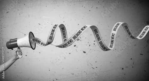 Hand holding megaphone with emerging tape displaying the word FAKE NEWS.