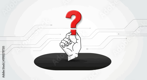 Hand holding a red question mark on a digital circuit background.