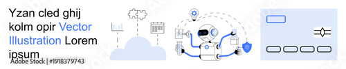 Automation, cloud computing, cybersecurity, data analysis, AI integration, technology advancement. Robot managing cloud, data symbols and cybersecurity icons. Automation and cloud computing