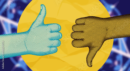 Two hands showing thumbs up and thumbs down against a geometric background.