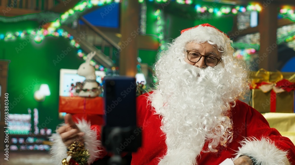 Fototapeta premium Santa Claus using smartphone on tripod to film vlog opening letters from kids. Older person wearing Christmas costume recording video with phone selfie camera, reading letters from children, camera A