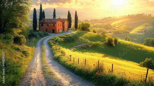 Wallpaper Mural Sunlit Tuscan farmhouse at the end of a winding dirt road Torontodigital.ca