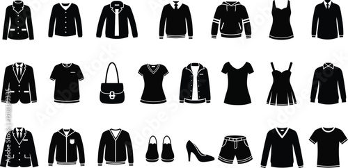 Collection of various black clothing items and accessories