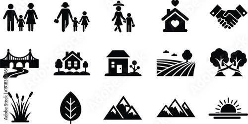Collection of black silhouette icons depicting people homes and nature