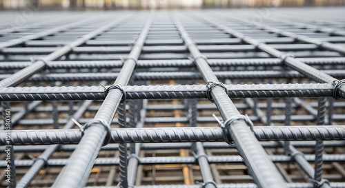 Reinforced steel bars casting shadows in a construction site, close-up view with sharp detail and smooth bokeh