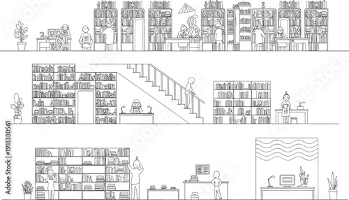 A detailed black and white of a multi-level library with people reading and working among bookshelves and desks