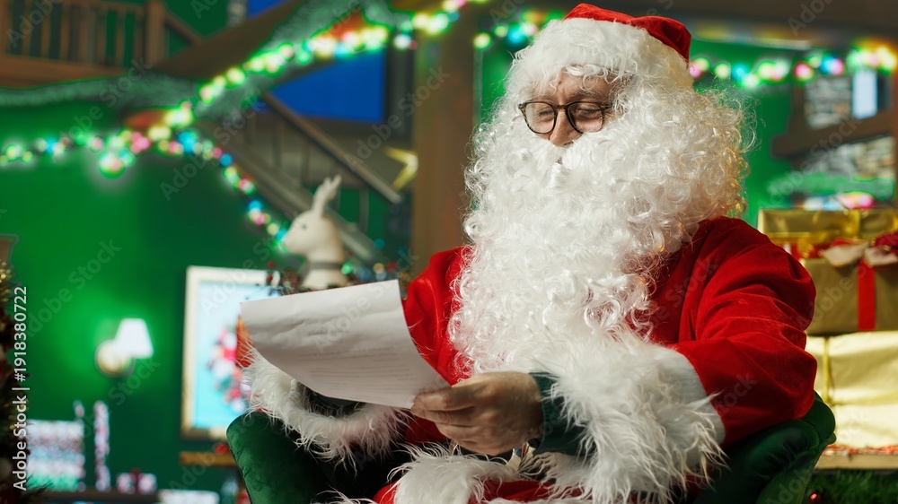 Fototapeta premium Man dressed as Santa Claus laughing, amused by funny letters received from kids. Jovial person in Santa costume entertained by comical wish lists written by children for Christmas, camera A