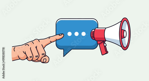 Human hand pointing deliberately at a blue speech bubble with ellipses, positioned next to a red megaphone, symbolizing communication, announcement, and discussion.