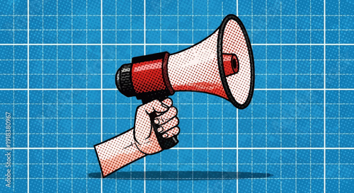 Human hand holding a vibrant red megaphone in a classic comic pop art style, isolated against a blue grid background.