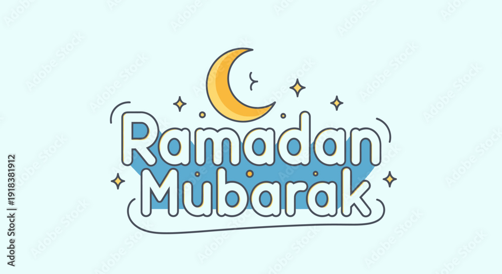 Fototapeta premium A cheerful Ramadan Mubarak greeting illustration featuring stylized text, a golden crescent moon, and sparkling stars on a light blue background, symbolizing the Islamic holy month.