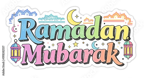 Colorful Ramadan Mubarak greeting with festive lanterns, crescent moons, and mosque outlines, celebrating the Islamic holy month.