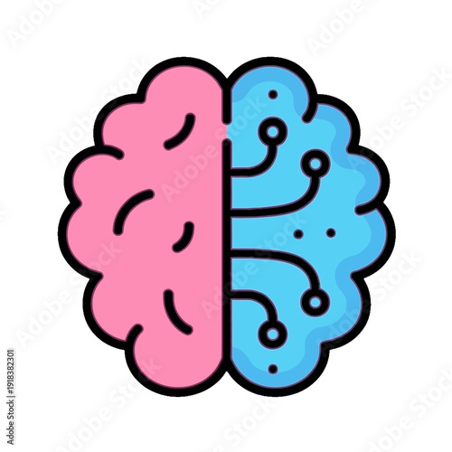 Colorful Brain Illustration Splitting Pink and Blue Hemispheres Viewed from Front Against a Canvas