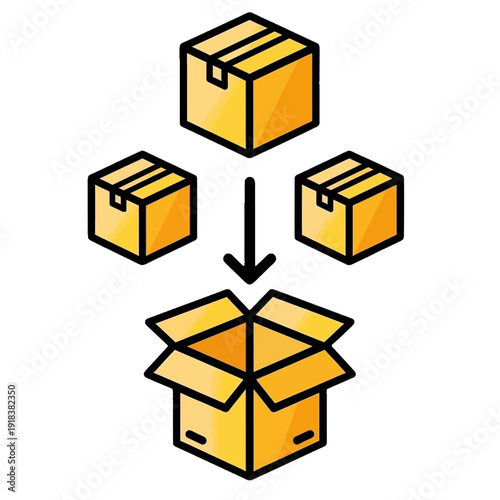 Vector graphic showing efficient consolidation of multiple smaller packages into a larger box. Symbolizes optimized logistics, packaging, and streamlined order fulfillment processes