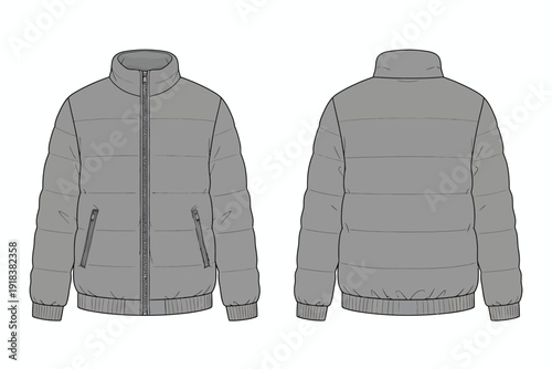 Action Design, Puffer Jacket, Fashion, Illustration, Minimalist, Front & Back View, Contemporary Style