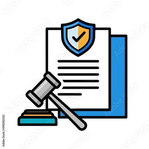 Comprehensive legal protection and justice services concept featuring a secure document, official gavel, and protective shield symbol. Represents policy, law, and agreement