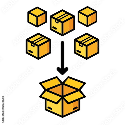 Efficient package consolidation process, multiple boxes merging into a single larger container for streamlined logistics, optimized supply chain, and organized delivery systems