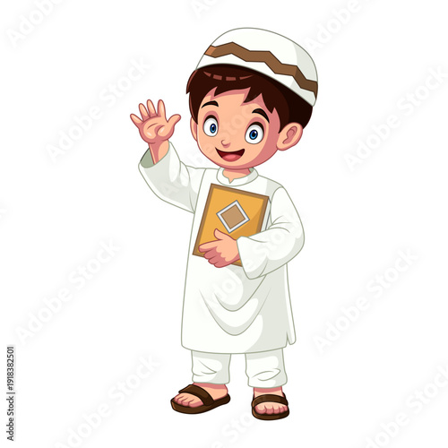 Cute cartoon of a little boy standing waving his hand while holding the Koran