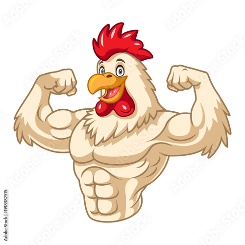 Cartoon rooster mascot showing big muscles