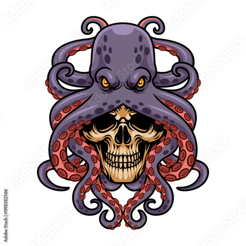 Cartoon mascot of a skull head being eaten by an angry octopus