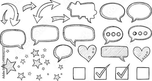 A collection of hand drawn speech bubbles icons and symbols