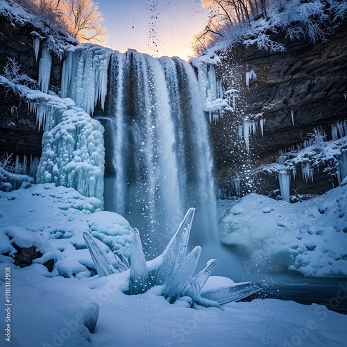 Frozen Waterfall Landscape with Ice Formations and Snowy Surroundings.