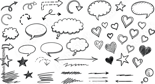 A collection of hand drawn speech bubbles stars hearts and arrows