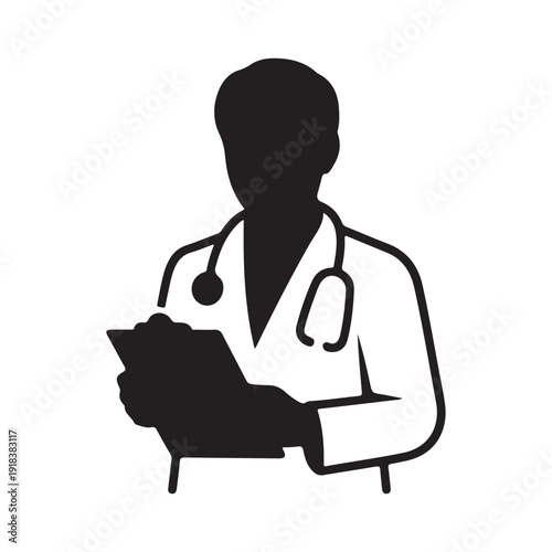 Doctor silhouette with stethoscope and clipboard, medical consultation icon