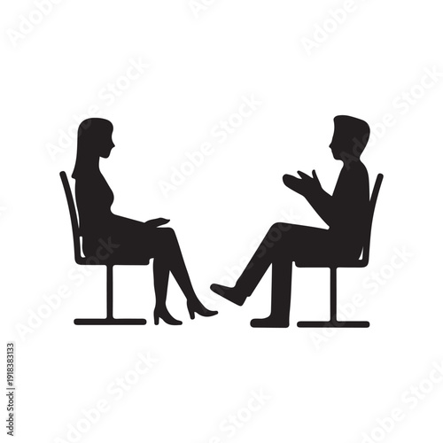 Couple talking in chairs silhouette, therapy session or interview concept