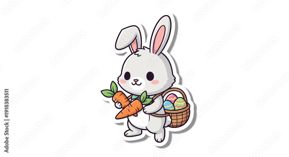 Obraz premium Cute cartoon white Easter bunny holding carrots and carrying a basket of colorful eggs, perfect for spring and holiday themes.