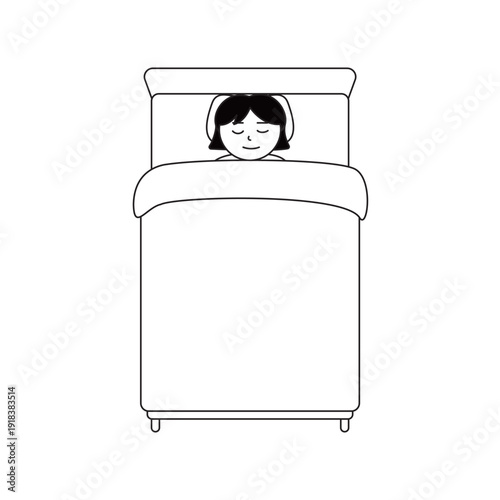 モノクロ線画イラスト | ベッドで安らかに眠る女性の快眠・睡眠シーン