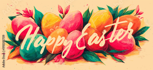 Happy Easter greeting with bunny and vibrant spring flowers. Happy Easter greeting design featuring a cute bunny, blooming tulips, and spring daffodils