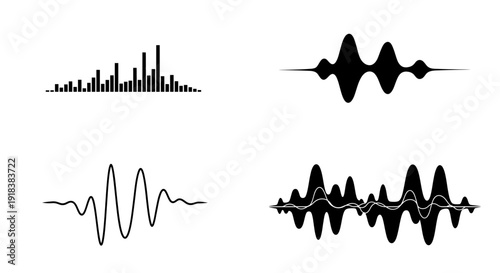 Sound wave patterns and audio signal icons in black